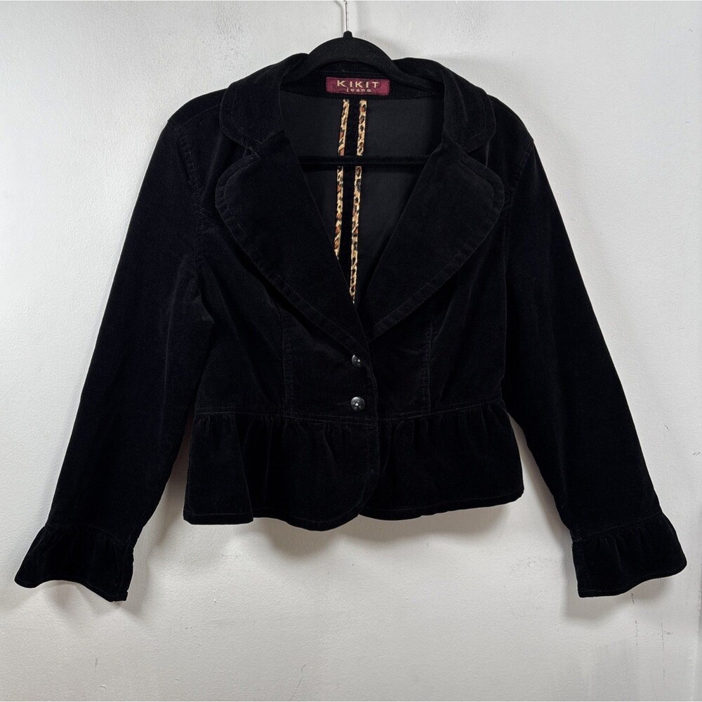 Kikit Jeans Women’s L Black Peplum Blazer Fitted Waist Button Front Jacket